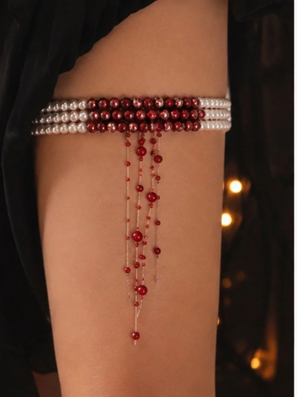 Gothic Pearl & Red Beaded Thigh Garter with Cascading Charm Strands